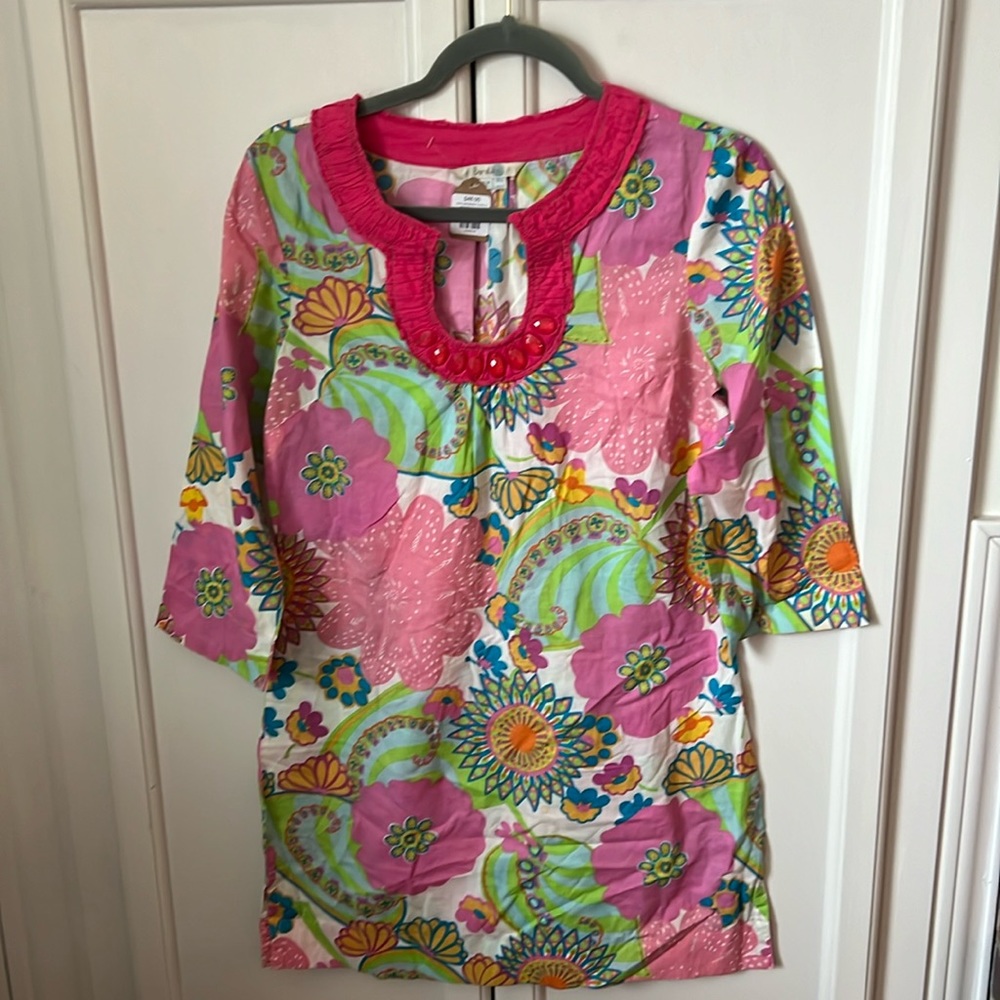 Boden Cotton Pink Colorful Print Light Weight Beach Tunic with Jewels Small